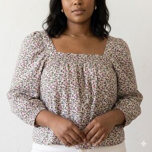 H&M Floral Squareneck Puff-sleeve Blouse